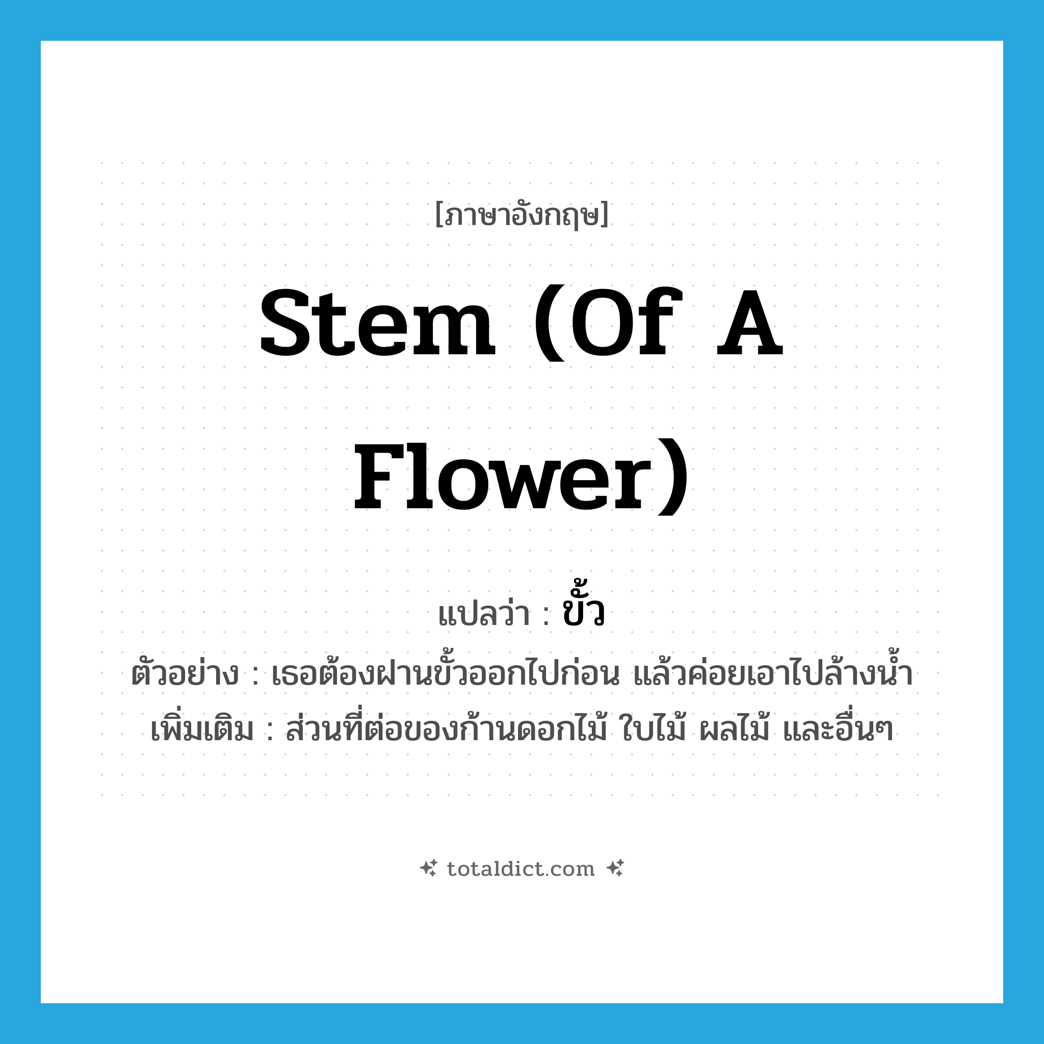 stem (of a flower) แปลว่า?, คำศัพท์ภาษาอังกฤษ stem (of a flower) แปลว่า ขั้ว ประเภท N ตัวอย่าง เธอต้องฝานขั้วออกไปก่อน แล้วค่อยเอาไปล้างน้ำ เพิ่มเติม ส่วนที่ต่อของก้านดอกไม้ ใบไม้ ผลไม้ และอื่นๆ หมวด N