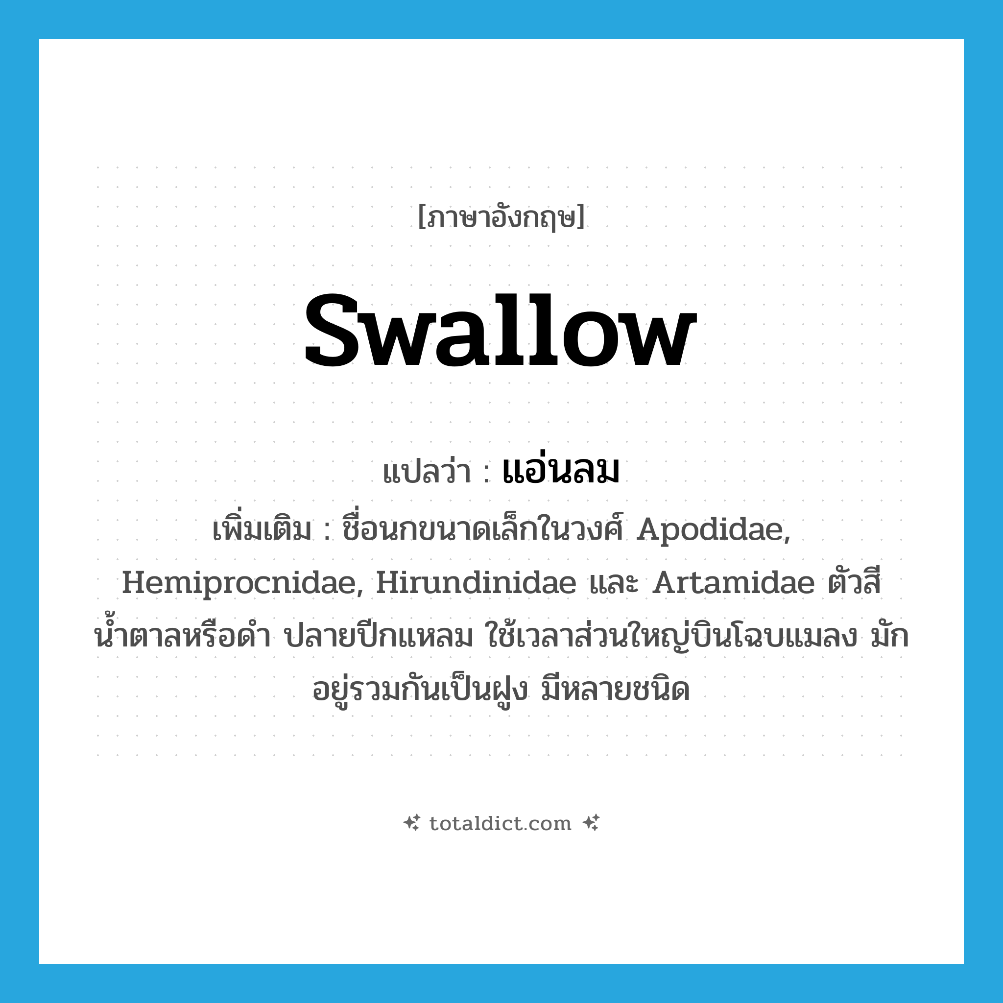 swallow แปลว่า?, คำศัพท์ภาษาอังกฤษ swallow แปลว่า แอ่นลม ประเภท N เพิ่มเติม ชื่อนกขนาดเล็กในวงศ์ Apodidae, Hemiprocnidae, Hirundinidae และ Artamidae ตัวสีน้ำตาลหรือดำ ปลายปีกแหลม ใช้เวลาส่วนใหญ่บินโฉบแมลง มักอยู่รวมกันเป็นฝูง มีหลายชนิด หมวด N