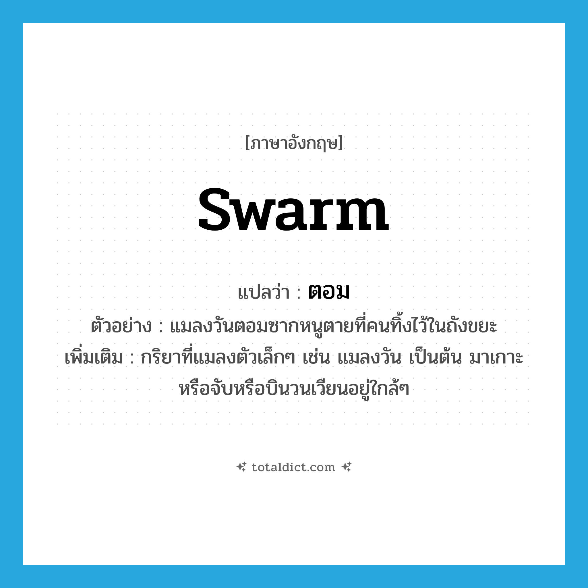 swarm แปลว่า?, คำศัพท์ภาษาอังกฤษ swarm แปลว่า ตอม ประเภท V ตัวอย่าง แมลงวันตอมซากหนูตายที่คนทิ้งไว้ในถังขยะ เพิ่มเติม กริยาที่แมลงตัวเล็กๆ เช่น แมลงวัน เป็นต้น มาเกาะหรือจับหรือบินวนเวียนอยู่ใกล้ๆ หมวด V