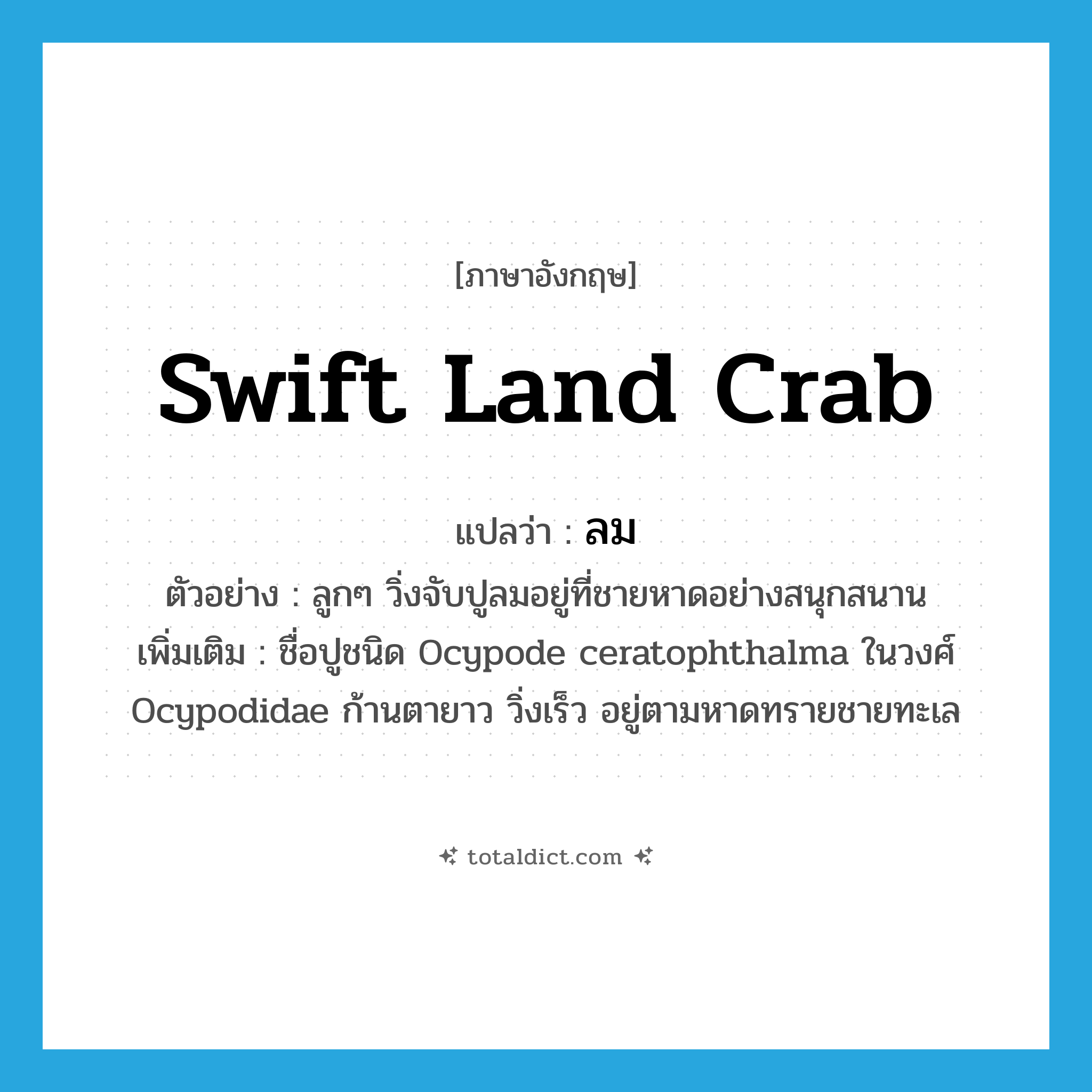 ลม ภาษาอังกฤษ?, คำศัพท์ภาษาอังกฤษ ลม แปลว่า swift land crab ประเภท N ตัวอย่าง ลูกๆ วิ่งจับปูลมอยู่ที่ชายหาดอย่างสนุกสนาน เพิ่มเติม ชื่อปูชนิด Ocypode ceratophthalma ในวงศ์ Ocypodidae ก้านตายาว วิ่งเร็ว อยู่ตามหาดทรายชายทะเล หมวด N