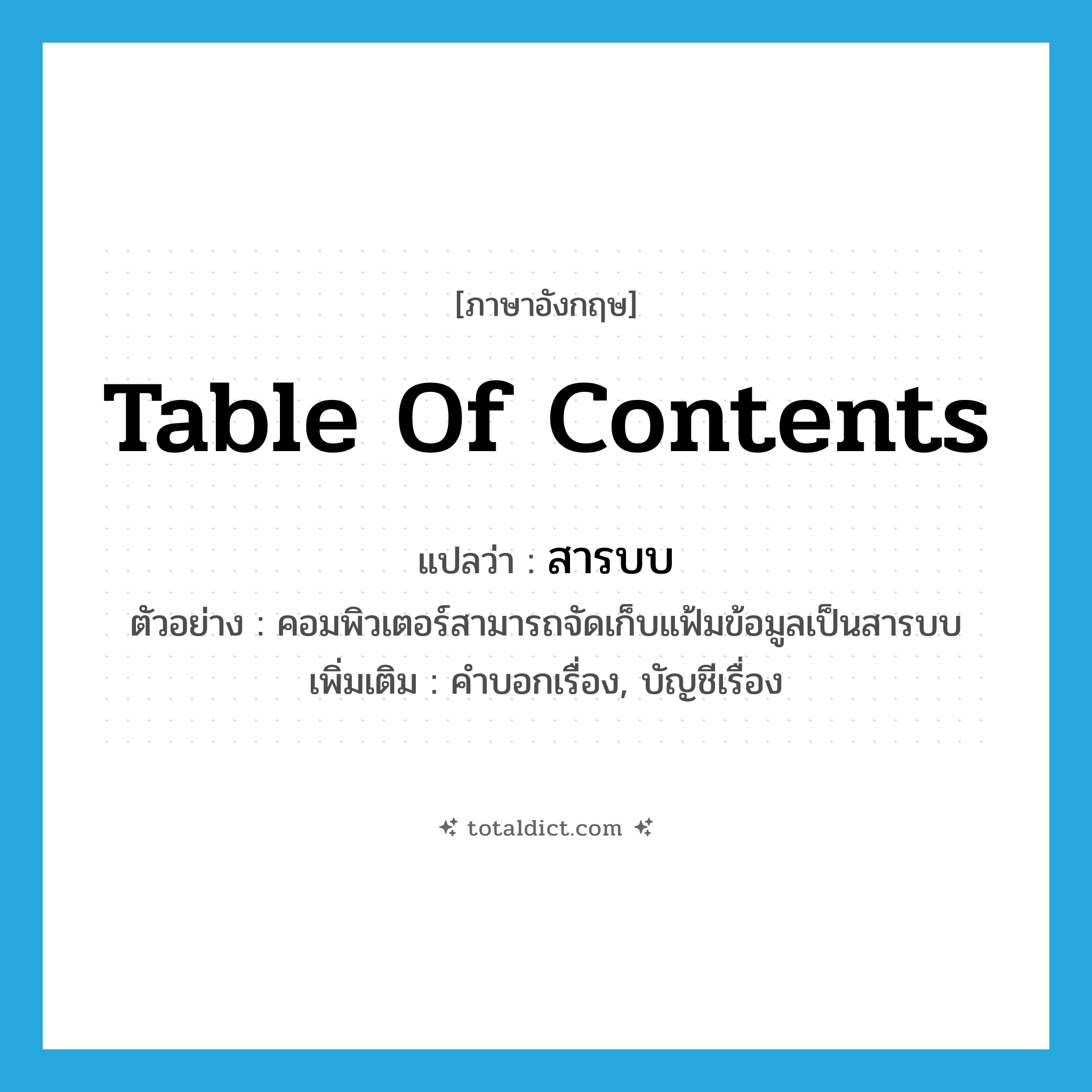 table of contents แปลว่า?, คำศัพท์ภาษาอังกฤษ table of contents แปลว่า สารบบ ประเภท N ตัวอย่าง คอมพิวเตอร์สามารถจัดเก็บแฟ้มข้อมูลเป็นสารบบ เพิ่มเติม คำบอกเรื่อง, บัญชีเรื่อง หมวด N