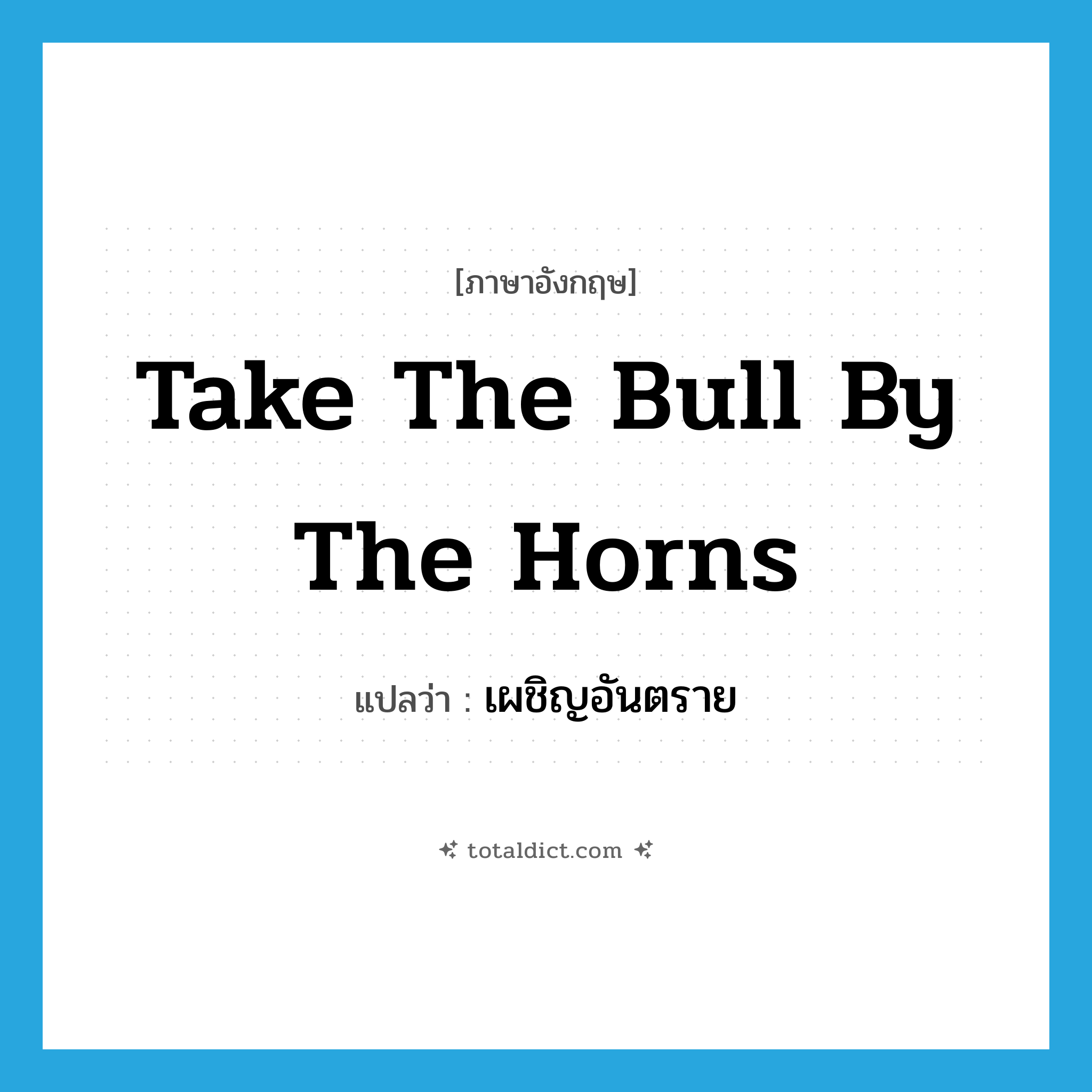take the bull by the horns แปลว่า?, คำศัพท์ภาษาอังกฤษ take the bull by the horns แปลว่า เผชิญอันตราย ประเภท IDM หมวด IDM