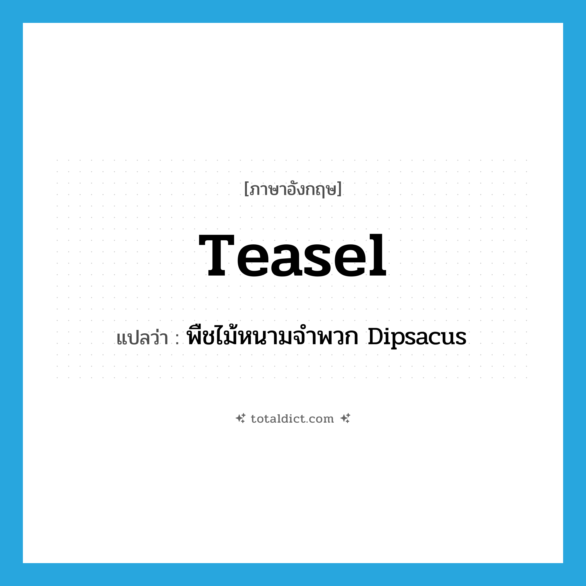 teasel แปลว่า?, คำศัพท์ภาษาอังกฤษ teasel แปลว่า พืชไม้หนามจำพวก Dipsacus ประเภท N หมวด N