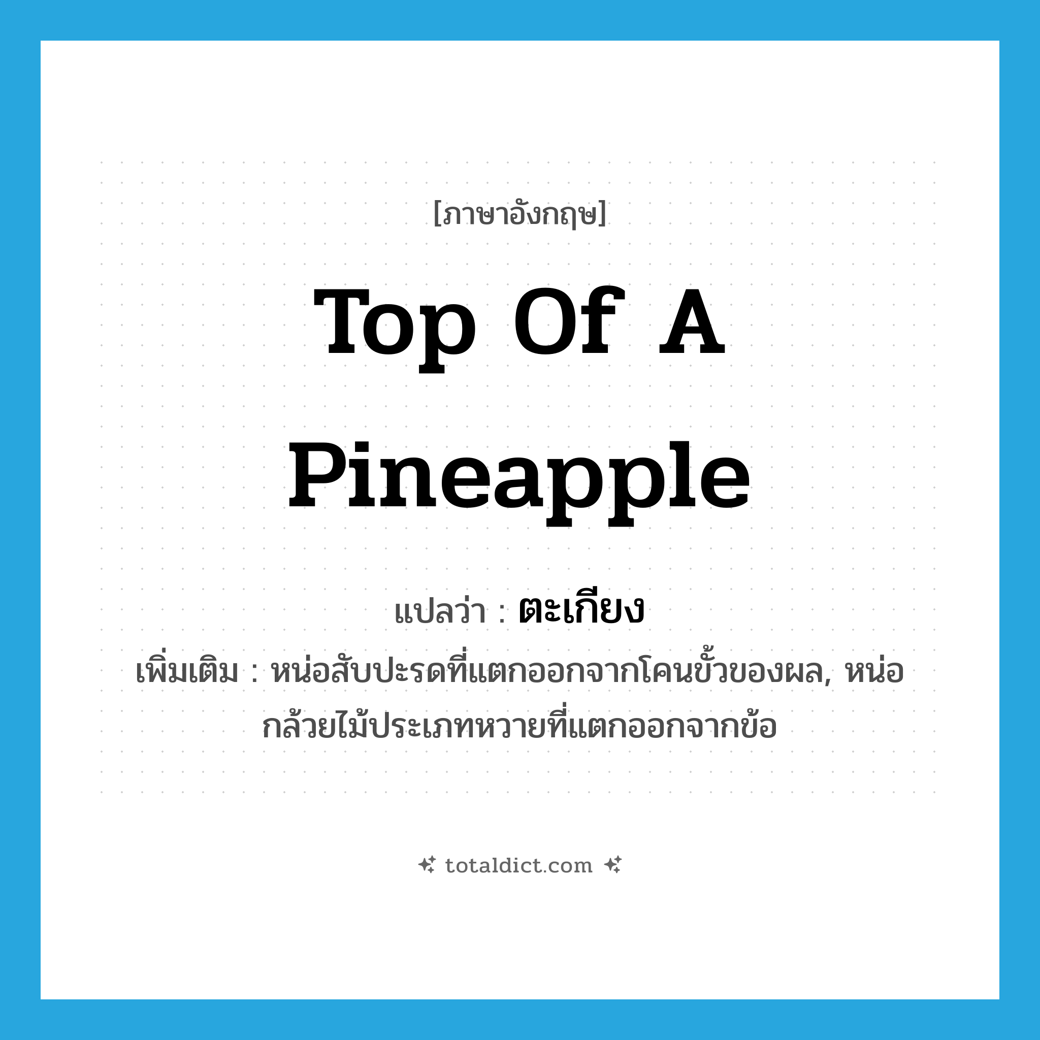 ตะเกียง ภาษาอังกฤษ?, คำศัพท์ภาษาอังกฤษ ตะเกียง แปลว่า top of a pineapple ประเภท N เพิ่มเติม หน่อสับปะรดที่แตกออกจากโคนขั้วของผล, หน่อกล้วยไม้ประเภทหวายที่แตกออกจากข้อ หมวด N