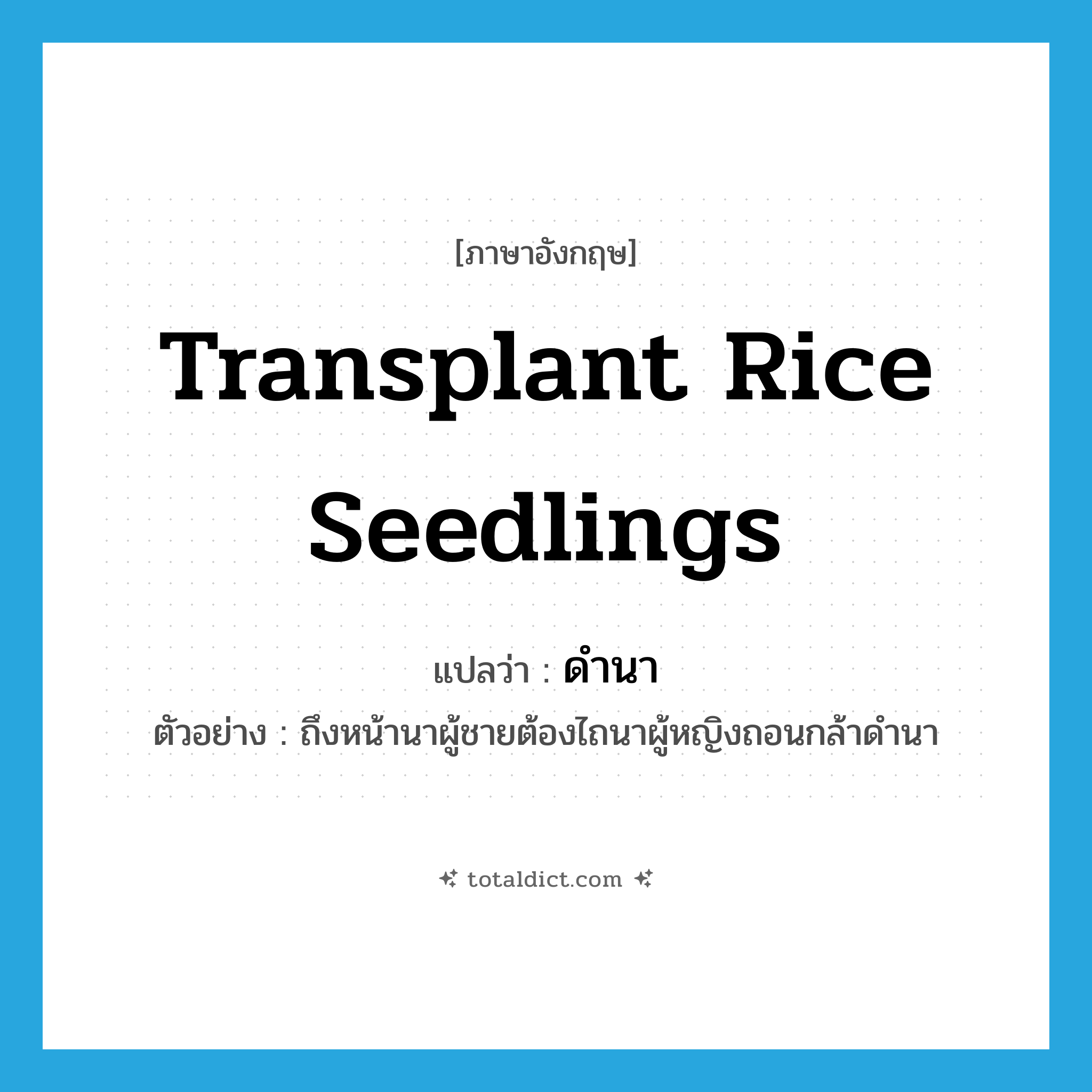 transplant rice seedlings แปลว่า?, คำศัพท์ภาษาอังกฤษ transplant rice seedlings แปลว่า ดำนา ประเภท V ตัวอย่าง ถึงหน้านาผู้ชายต้องไถนาผู้หญิงถอนกล้าดำนา หมวด V