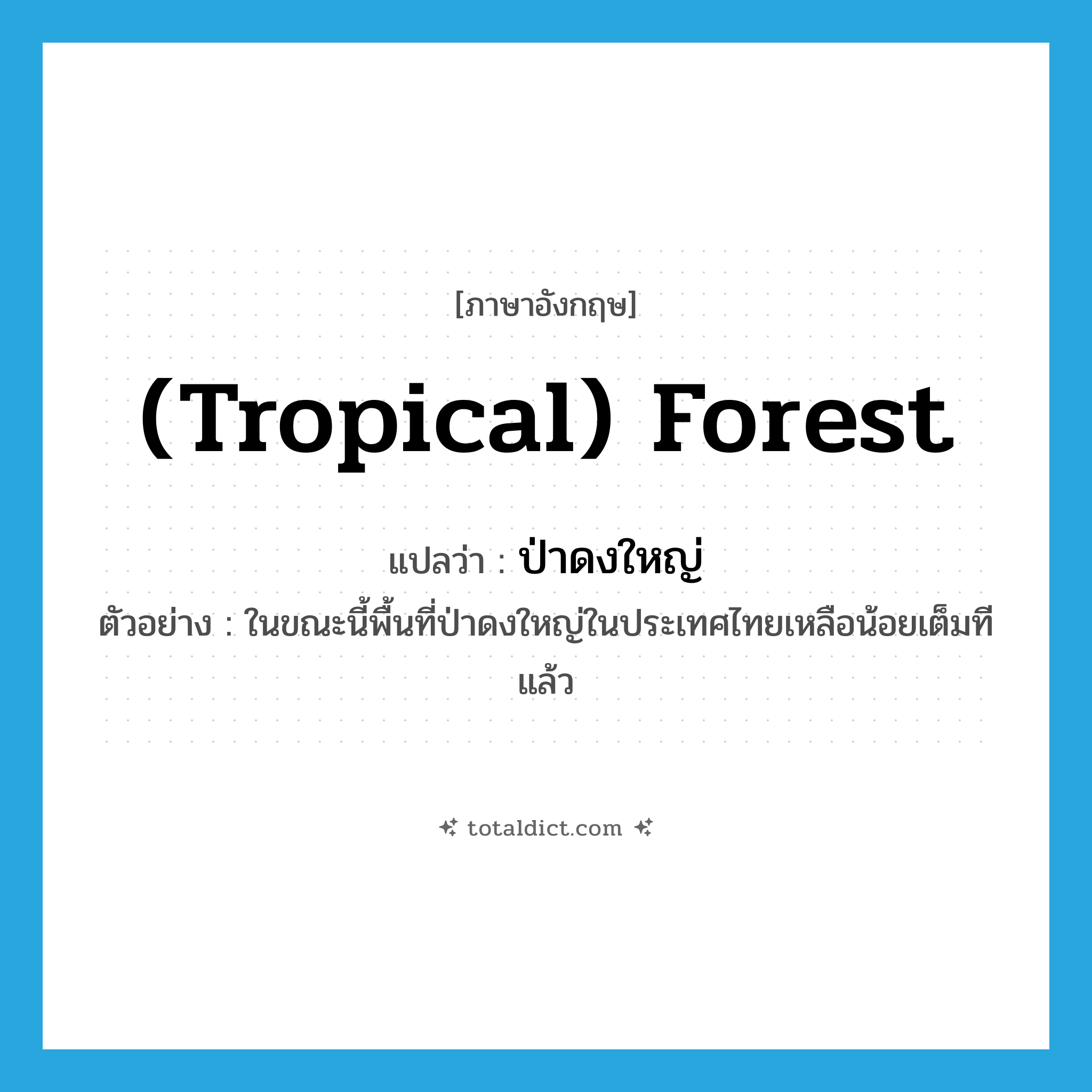 (tropical) forest แปลว่า?, คำศัพท์ภาษาอังกฤษ (tropical) forest แปลว่า ป่าดงใหญ่ ประเภท N ตัวอย่าง ในขณะนี้พื้นที่ป่าดงใหญ่ในประเทศไทยเหลือน้อยเต็มทีแล้ว หมวด N
