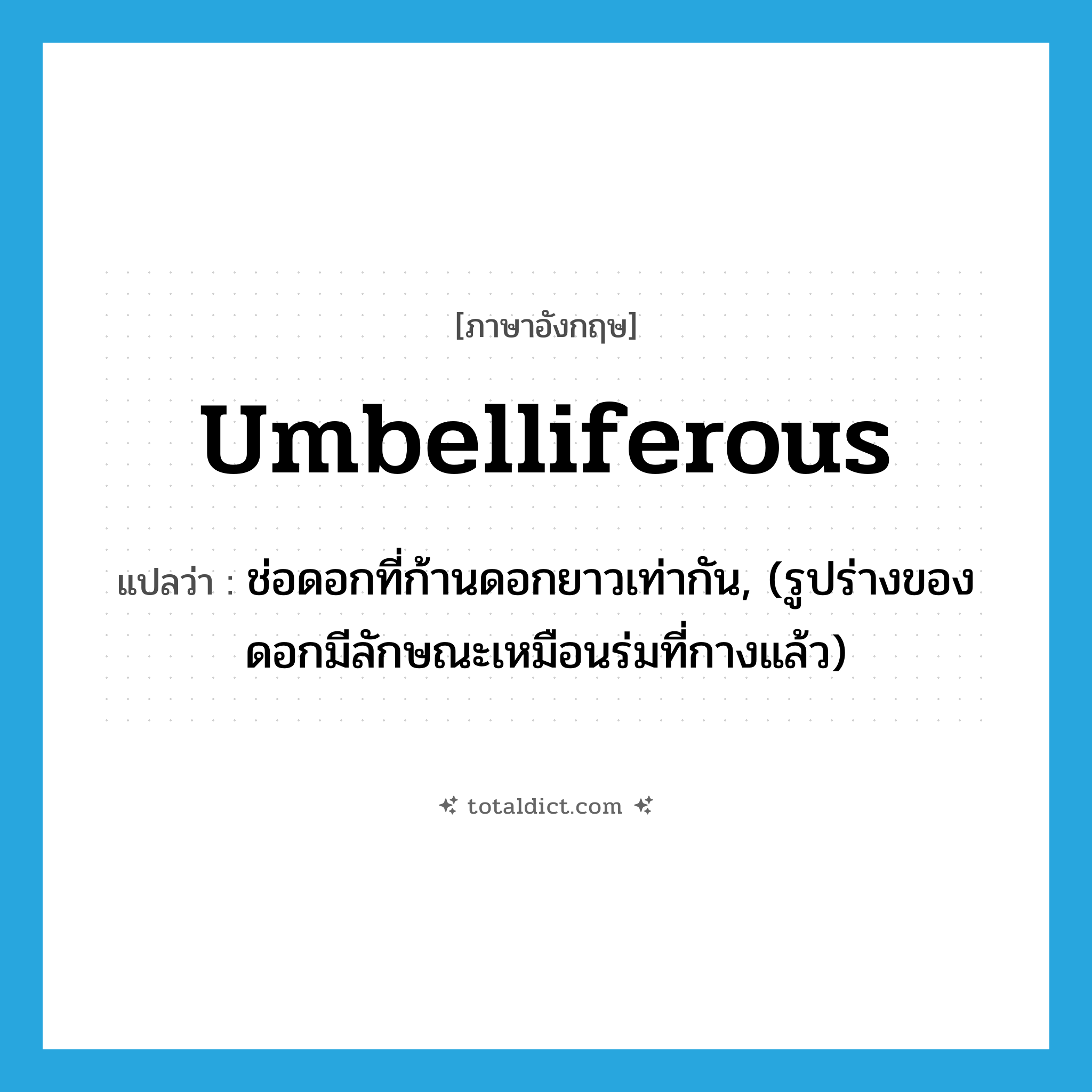 umbelliferous แปลว่า?, คำศัพท์ภาษาอังกฤษ umbelliferous แปลว่า ช่อดอกที่ก้านดอกยาวเท่ากัน, (รูปร่างของดอกมีลักษณะเหมือนร่มที่กางแล้ว) ประเภท ADJ หมวด ADJ