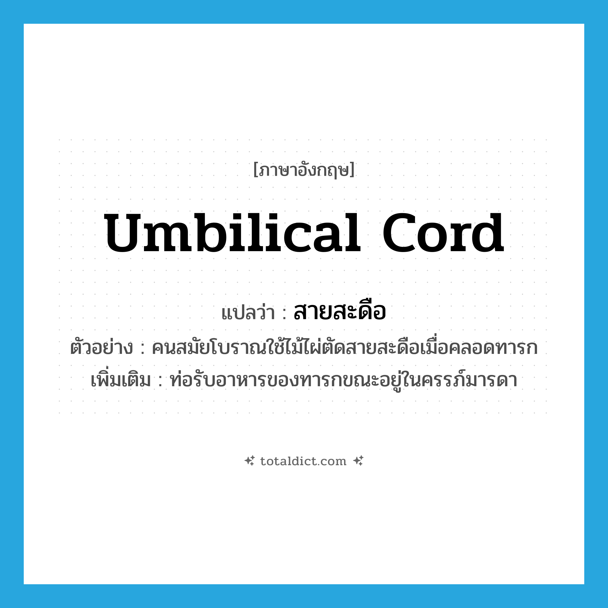 umbilical cord แปลว่า?, คำศัพท์ภาษาอังกฤษ umbilical cord แปลว่า สายสะดือ ประเภท N ตัวอย่าง คนสมัยโบราณใช้ไม้ไผ่ตัดสายสะดือเมื่อคลอดทารก เพิ่มเติม ท่อรับอาหารของทารกขณะอยู่ในครรภ์มารดา หมวด N