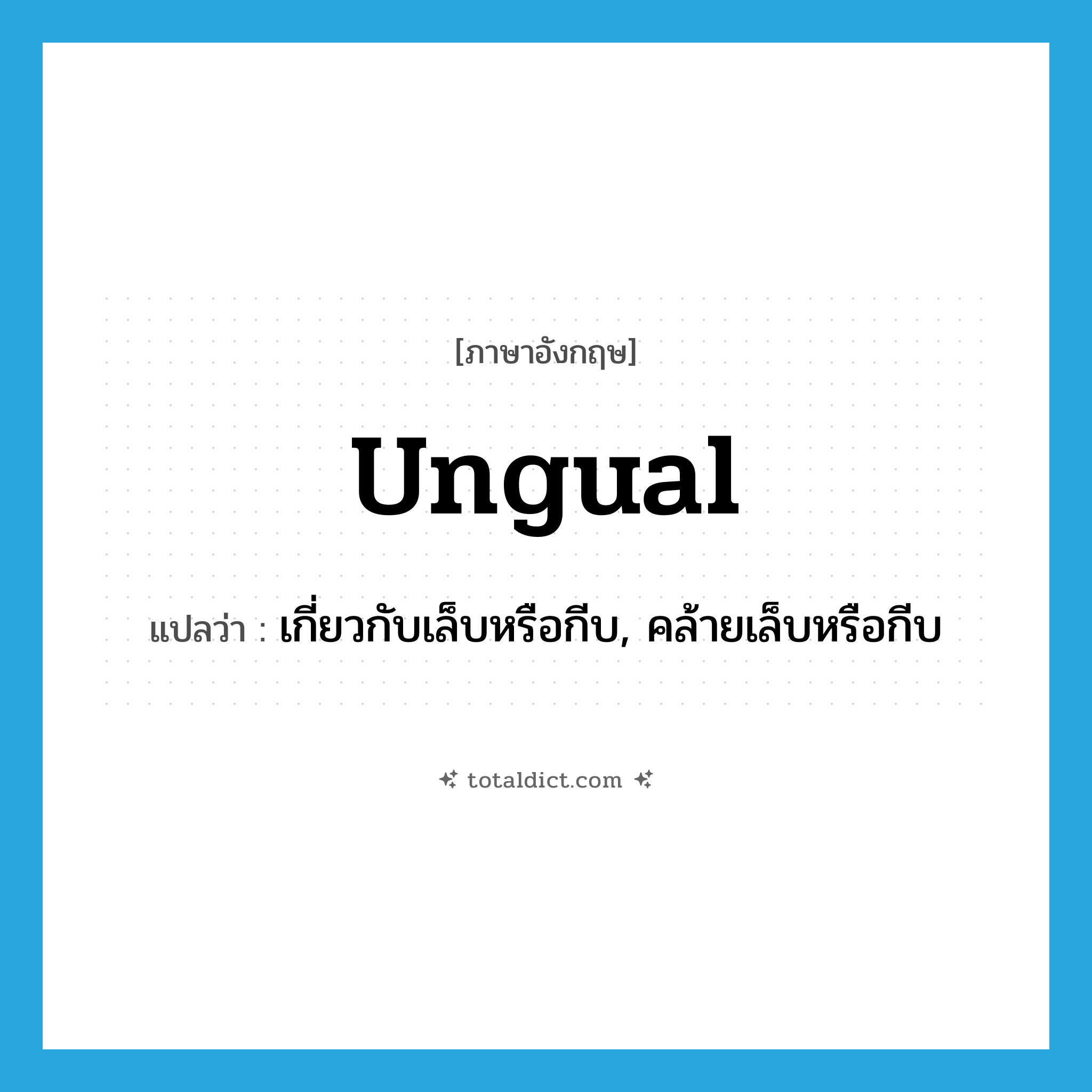 ungual แปลว่า?, คำศัพท์ภาษาอังกฤษ ungual แปลว่า เกี่ยวกับเล็บหรือกีบ, คล้ายเล็บหรือกีบ ประเภท ADJ หมวด ADJ