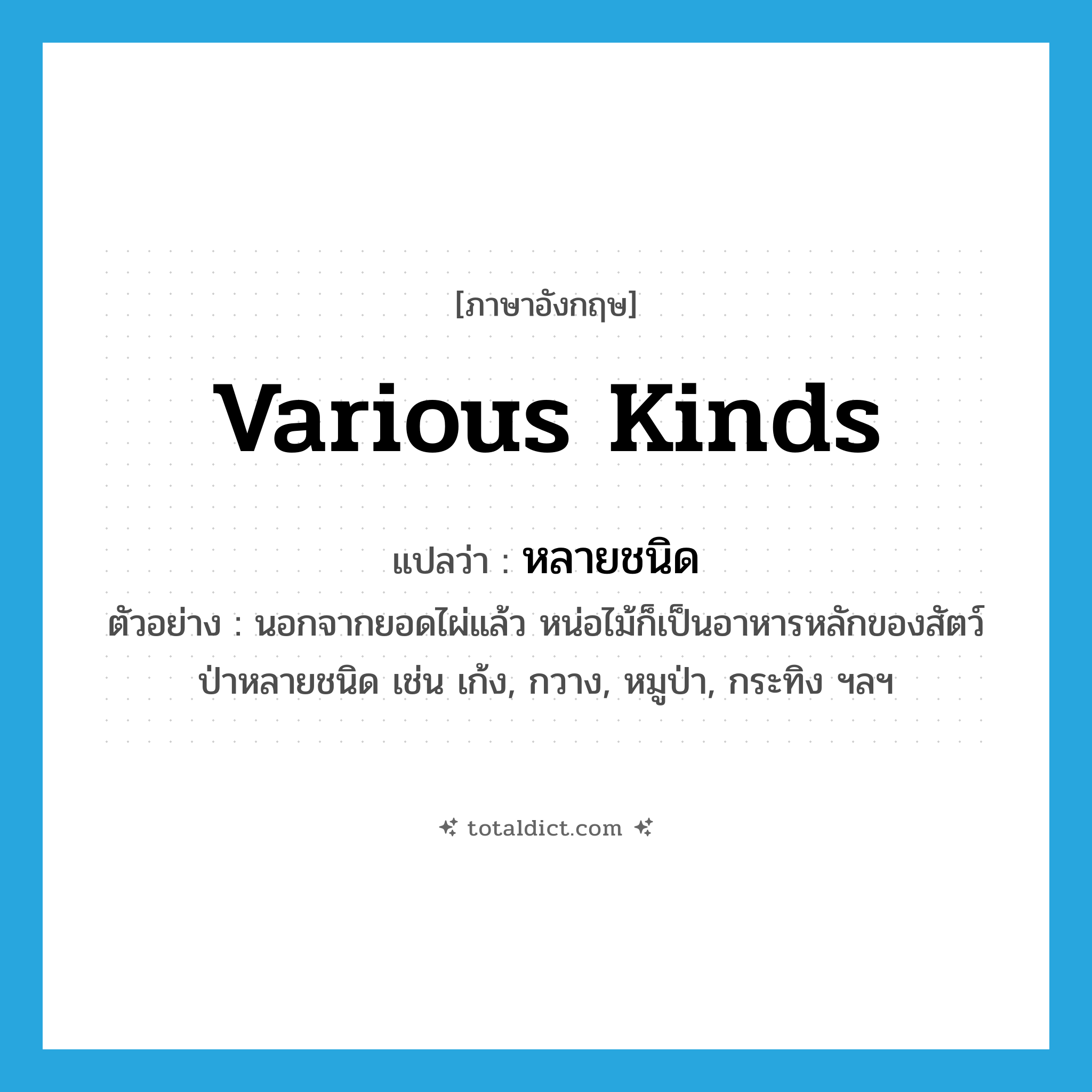 various kinds แปลว่า?, คำศัพท์ภาษาอังกฤษ various kinds แปลว่า หลายชนิด ประเภท ADJ ตัวอย่าง นอกจากยอดไผ่แล้ว หน่อไม้ก็เป็นอาหารหลักของสัตว์ป่าหลายชนิด เช่น เก้ง, กวาง, หมูป่า, กระทิง ฯลฯ หมวด ADJ