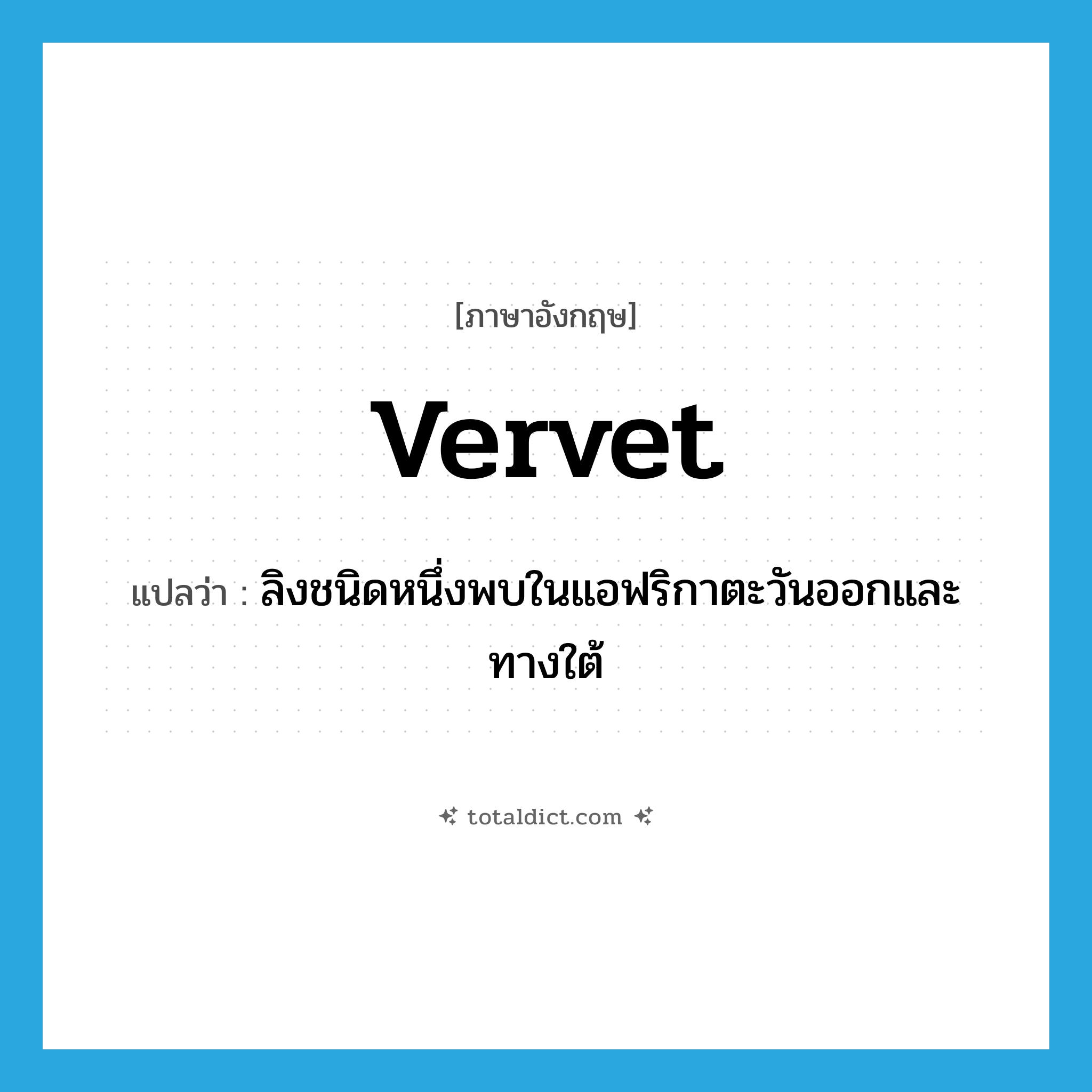 vervet แปลว่า?, คำศัพท์ภาษาอังกฤษ vervet แปลว่า ลิงชนิดหนึ่งพบในแอฟริกาตะวันออกและทางใต้ ประเภท N หมวด N