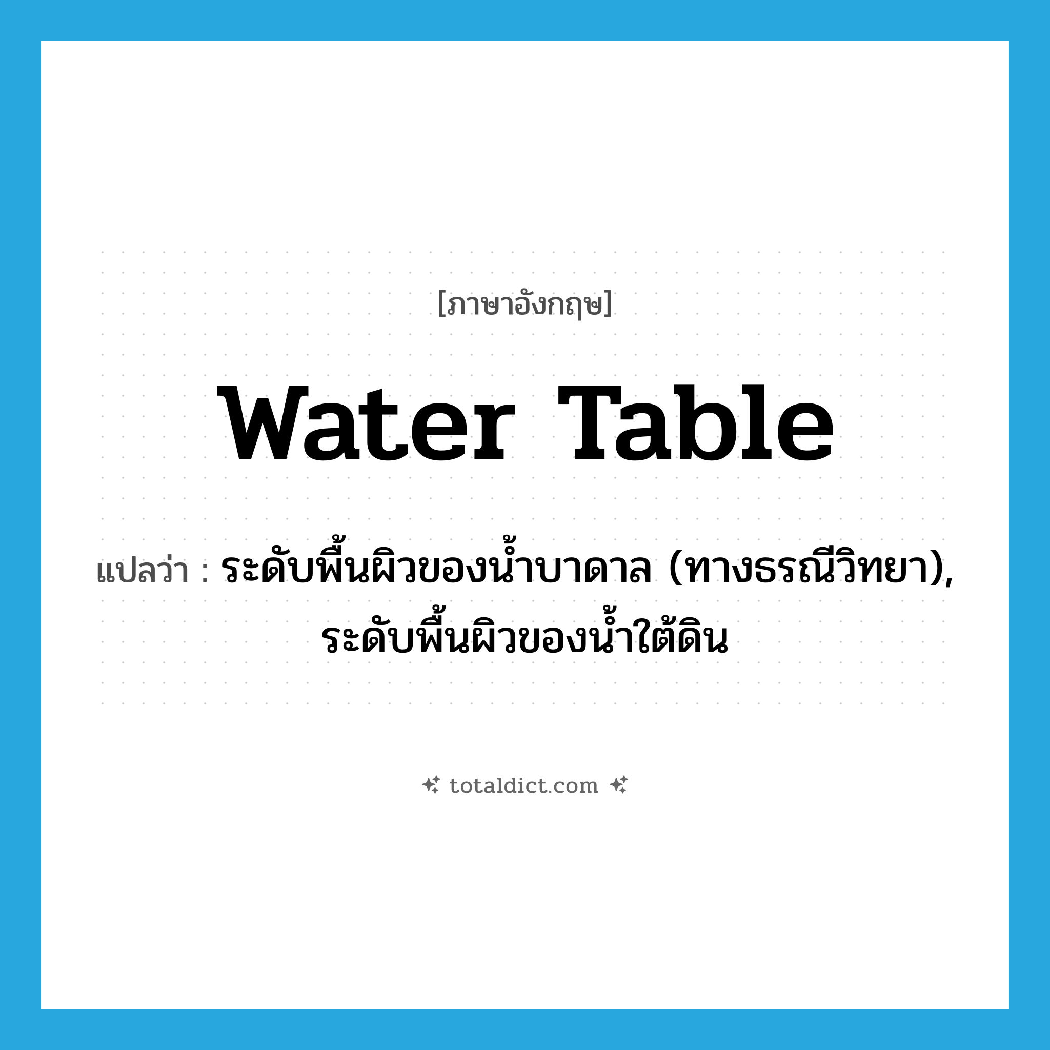 water table แปลว่า?, คำศัพท์ภาษาอังกฤษ water table แปลว่า ระดับพื้นผิวของน้ำบาดาล (ทางธรณีวิทยา), ระดับพื้นผิวของน้ำใต้ดิน ประเภท N หมวด N