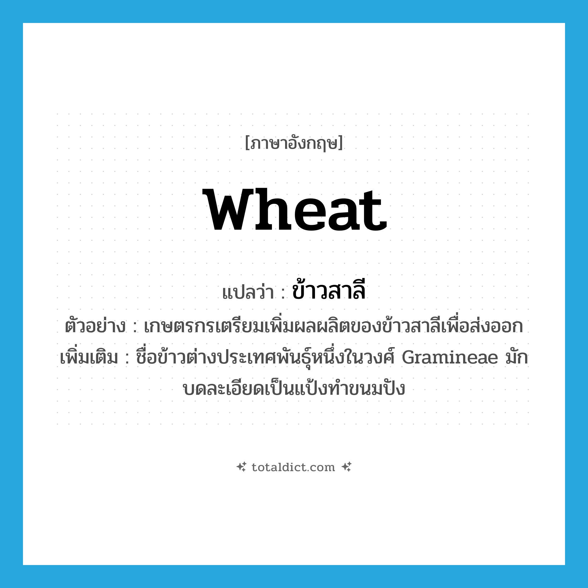 wheat แปลว่า?, คำศัพท์ภาษาอังกฤษ wheat แปลว่า ข้าวสาลี ประเภท N ตัวอย่าง เกษตรกรเตรียมเพิ่มผลผลิตของข้าวสาลีเพื่อส่งออก เพิ่มเติม ชื่อข้าวต่างประเทศพันธุ์หนึ่งในวงศ์ Gramineae มักบดละเอียดเป็นแป้งทำขนมปัง หมวด N