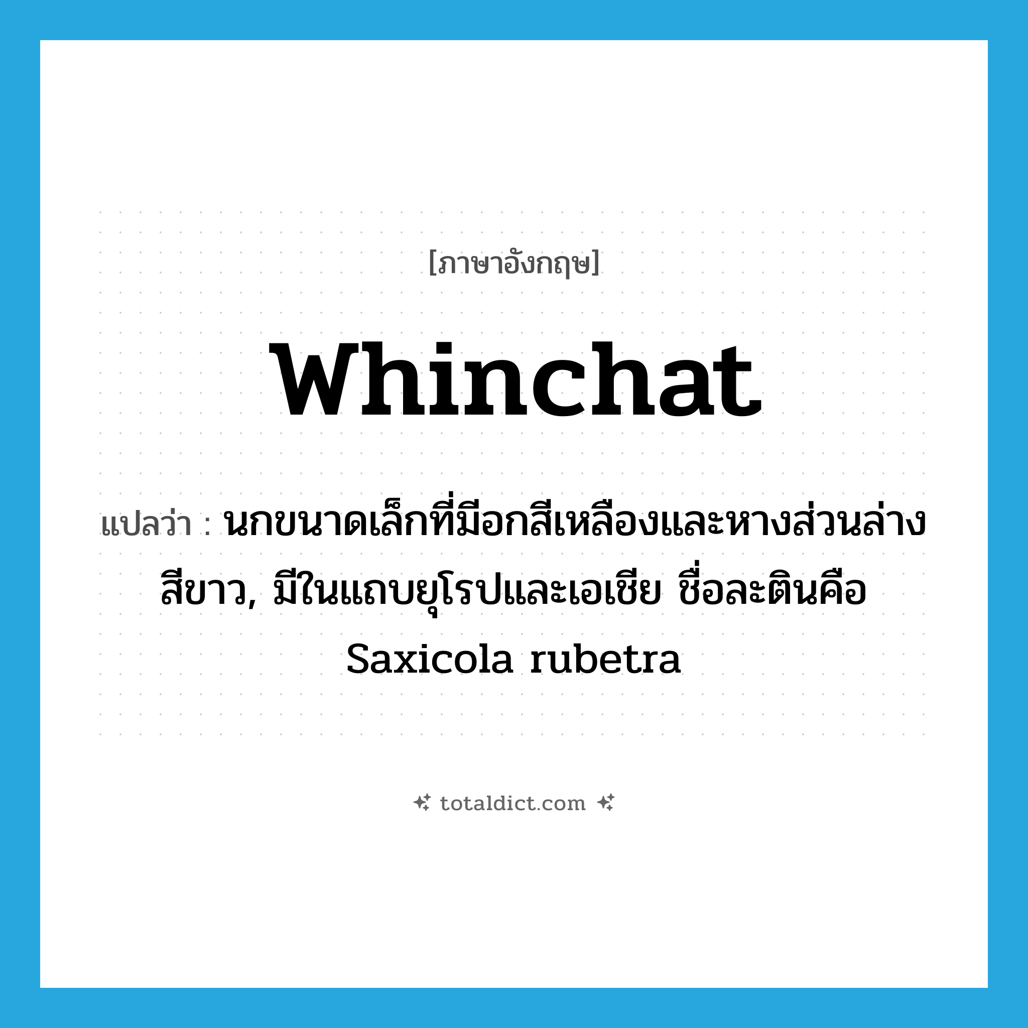 whinchat แปลว่า?, คำศัพท์ภาษาอังกฤษ whinchat แปลว่า นกขนาดเล็กที่มีอกสีเหลืองและหางส่วนล่างสีขาว, มีในแถบยุโรปและเอเชีย ชื่อละตินคือ Saxicola rubetra ประเภท N หมวด N