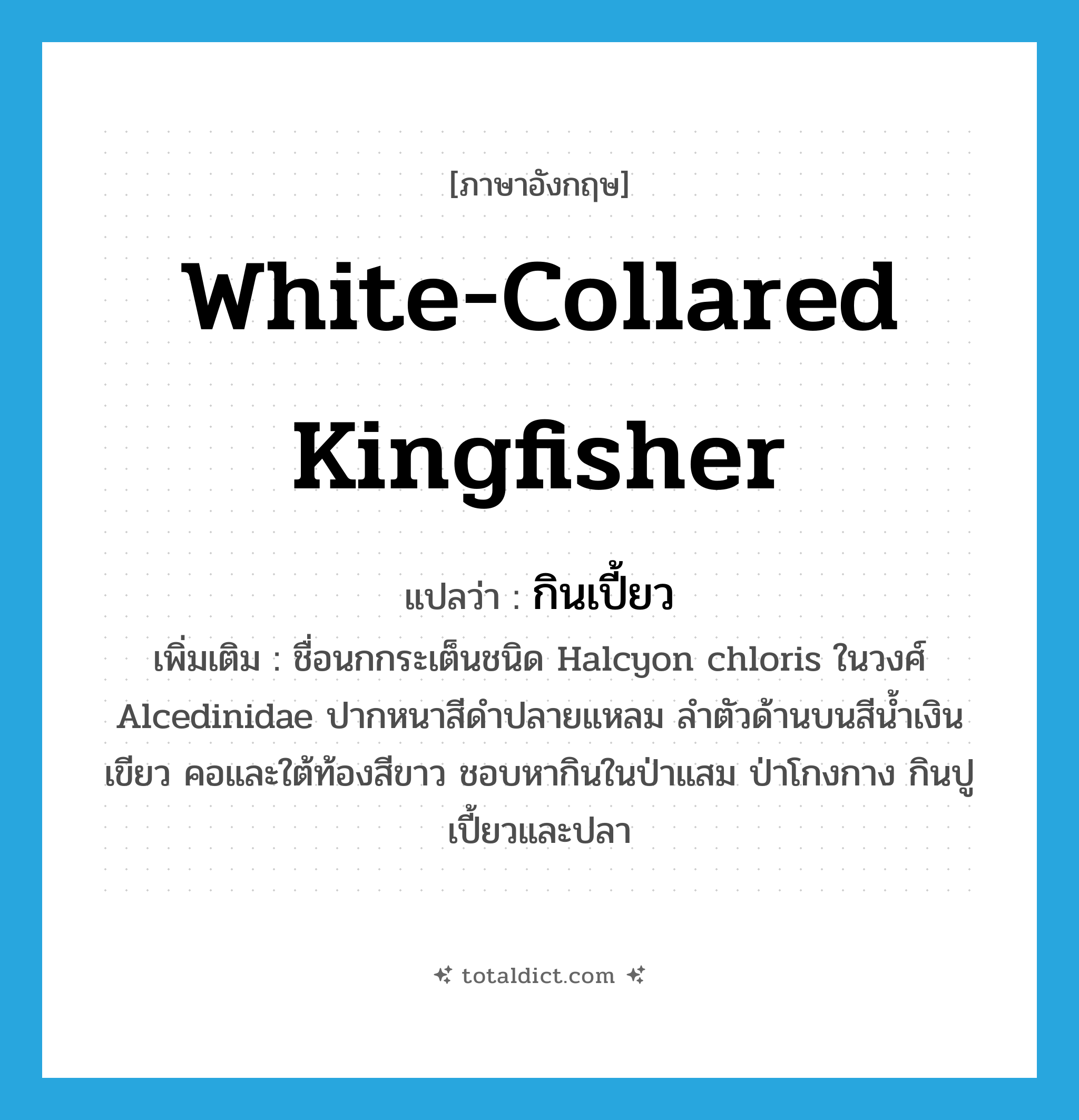 white-collared kingfisher แปลว่า?, คำศัพท์ภาษาอังกฤษ white-collared kingfisher แปลว่า กินเปี้ยว ประเภท N เพิ่มเติม ชื่อนกกระเต็นชนิด Halcyon chloris ในวงศ์ Alcedinidae ปากหนาสีดำปลายแหลม ลำตัวด้านบนสีน้ำเงินเขียว คอและใต้ท้องสีขาว ชอบหากินในป่าแสม ป่าโกงกาง กินปูเปี้ยวและปลา หมวด N