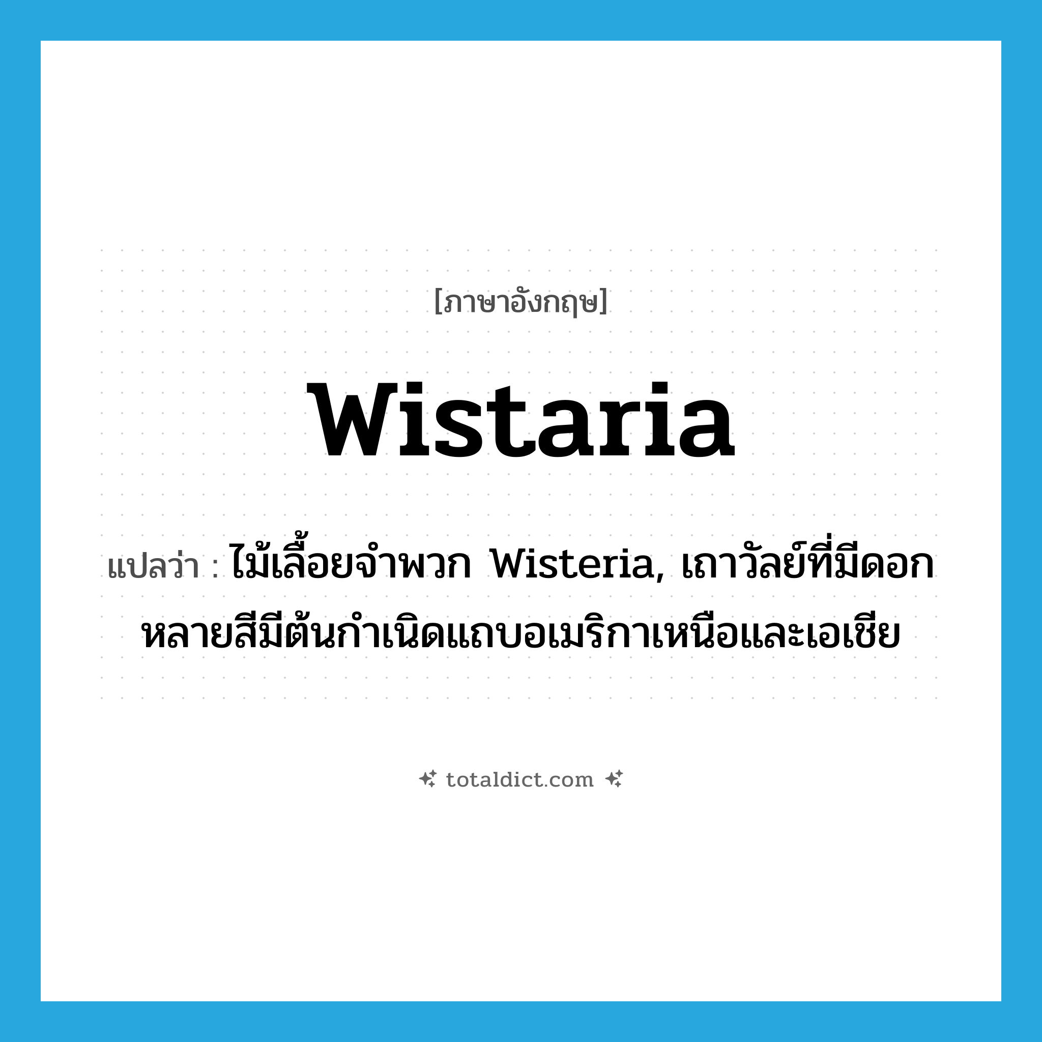 wistaria แปลว่า?, คำศัพท์ภาษาอังกฤษ wistaria แปลว่า ไม้เลื้อยจำพวก Wisteria, เถาวัลย์ที่มีดอกหลายสีมีต้นกำเนิดแถบอเมริกาเหนือและเอเชีย ประเภท N หมวด N