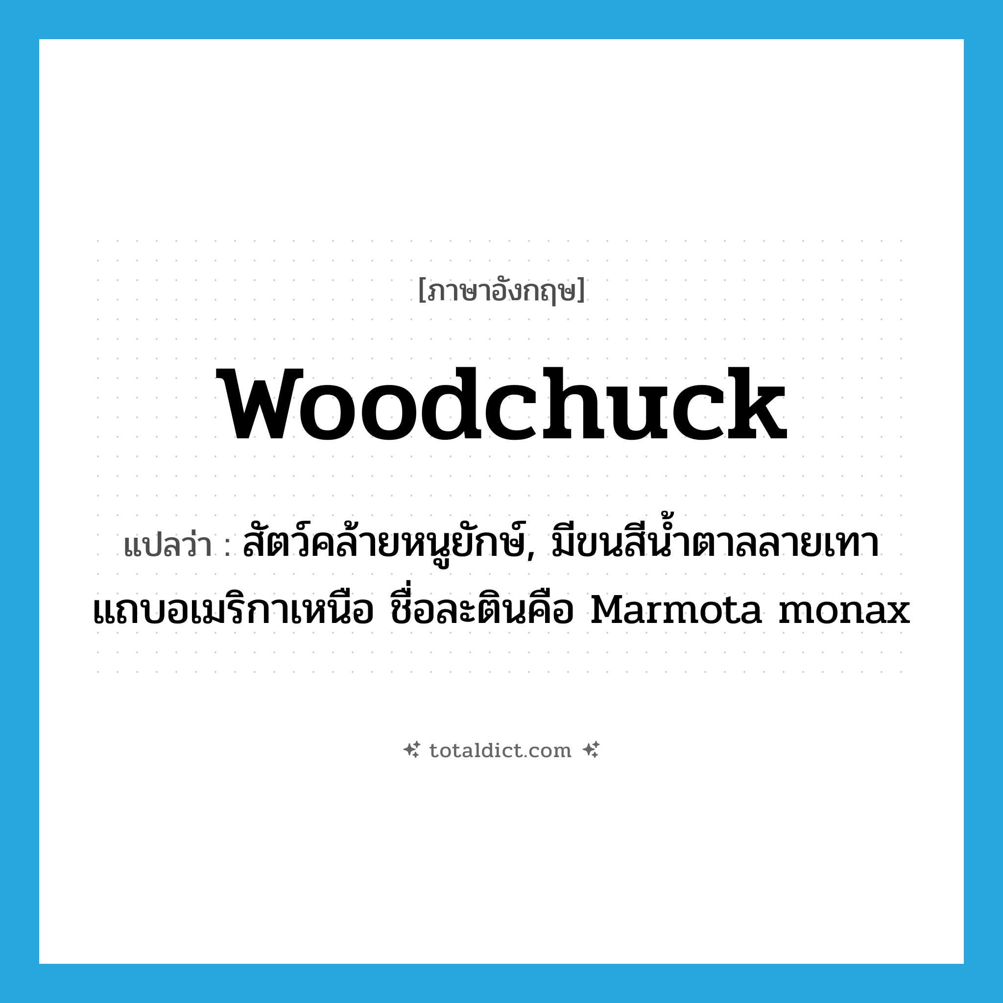 woodchuck แปลว่า?, คำศัพท์ภาษาอังกฤษ woodchuck แปลว่า สัตว์คล้ายหนูยักษ์, มีขนสีน้ำตาลลายเทา แถบอเมริกาเหนือ ชื่อละตินคือ Marmota monax ประเภท N หมวด N