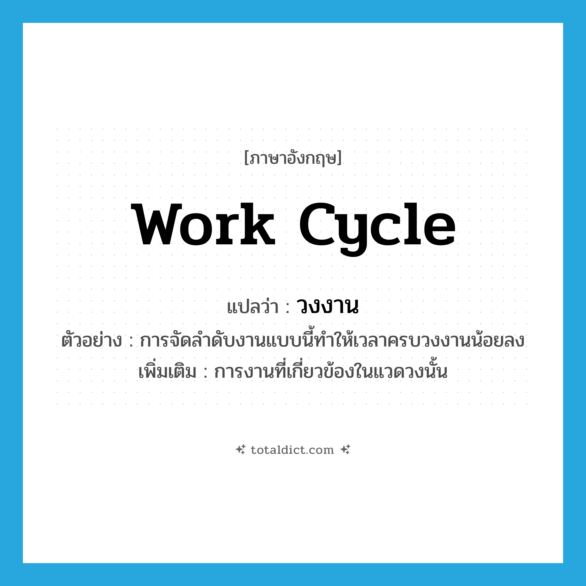 work cycle แปลว่า?, คำศัพท์ภาษาอังกฤษ work cycle แปลว่า วงงาน ประเภท N ตัวอย่าง การจัดลำดับงานแบบนี้ทำให้เวลาครบวงงานน้อยลง เพิ่มเติม การงานที่เกี่ยวข้องในแวดวงนั้น หมวด N
