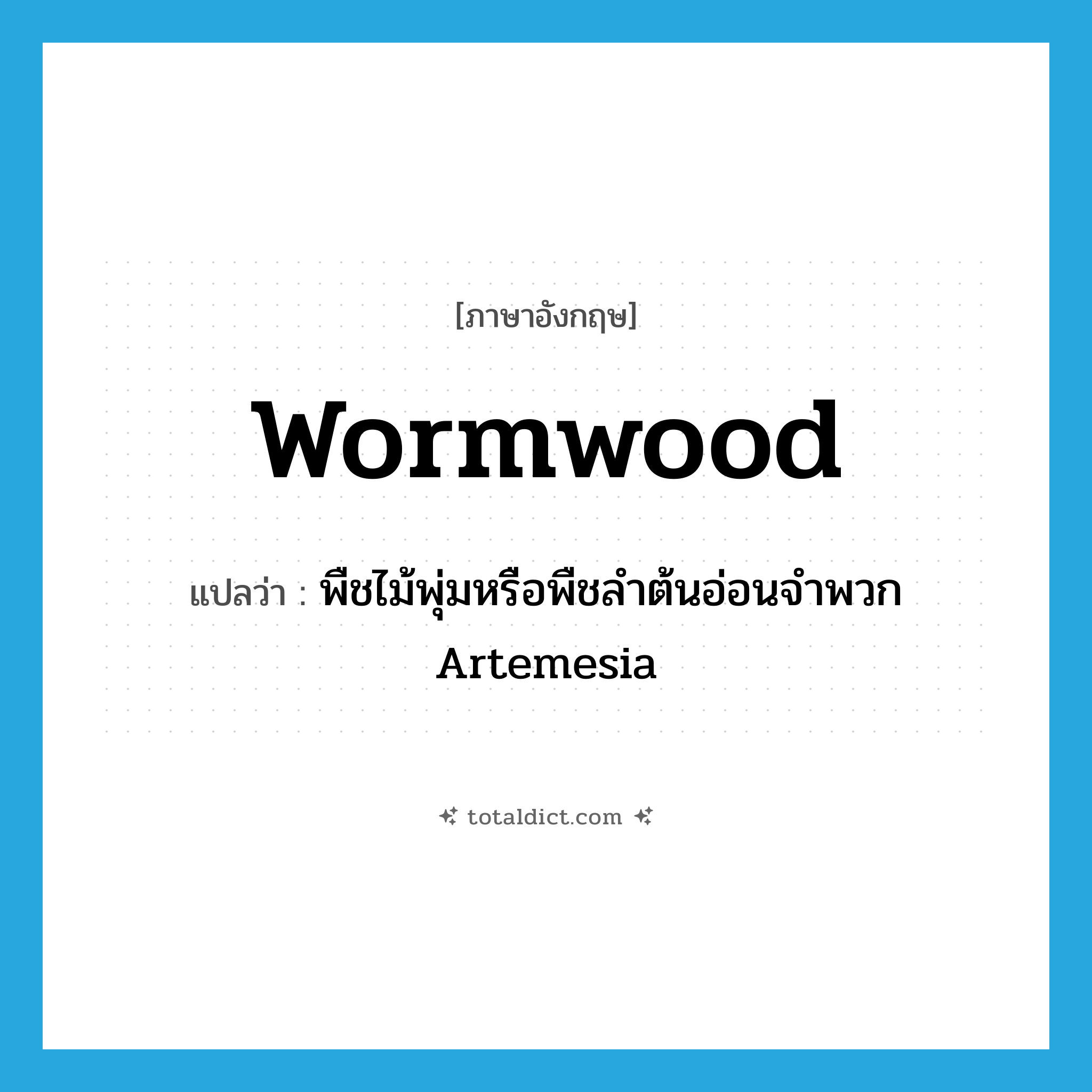 wormwood แปลว่า?, คำศัพท์ภาษาอังกฤษ wormwood แปลว่า พืชไม้พุ่มหรือพืชลำต้นอ่อนจำพวก Artemesia ประเภท N หมวด N
