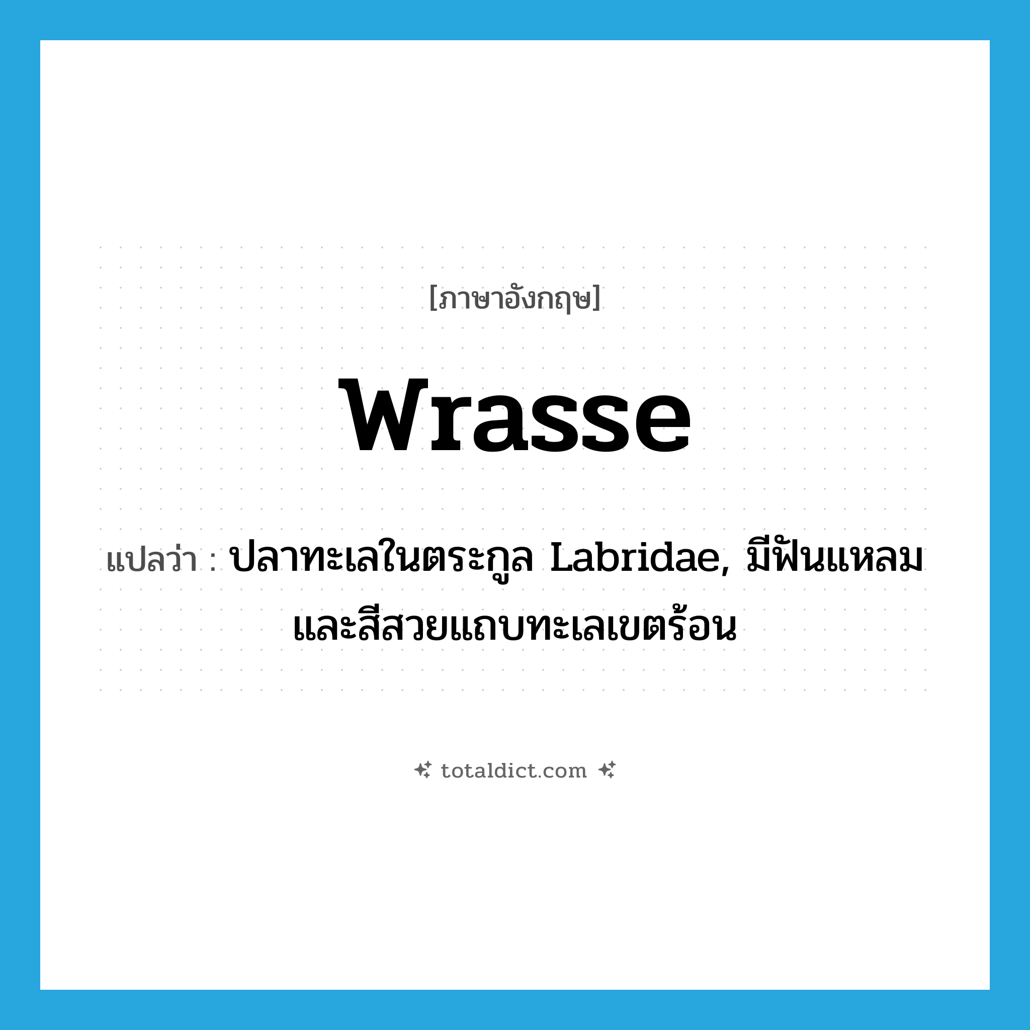 wrasse แปลว่า?, คำศัพท์ภาษาอังกฤษ wrasse แปลว่า ปลาทะเลในตระกูล Labridae, มีฟันแหลมและสีสวยแถบทะเลเขตร้อน ประเภท N หมวด N