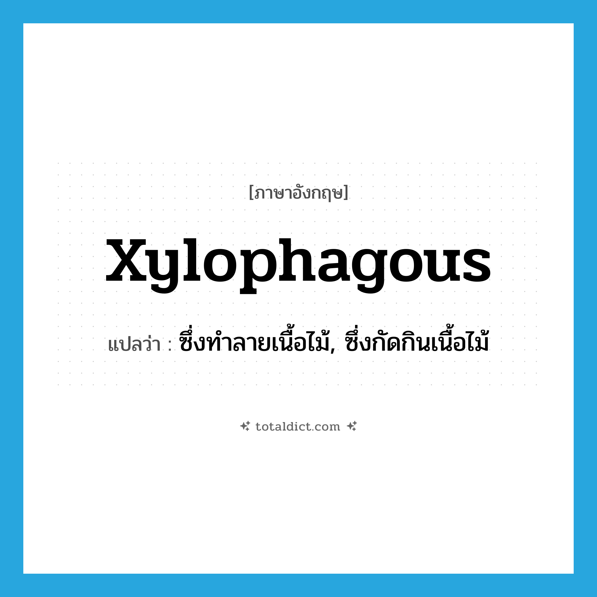 xylophagous แปลว่า?, คำศัพท์ภาษาอังกฤษ xylophagous แปลว่า ซึ่งทำลายเนื้อไม้, ซึ่งกัดกินเนื้อไม้ ประเภท ADJ หมวด ADJ