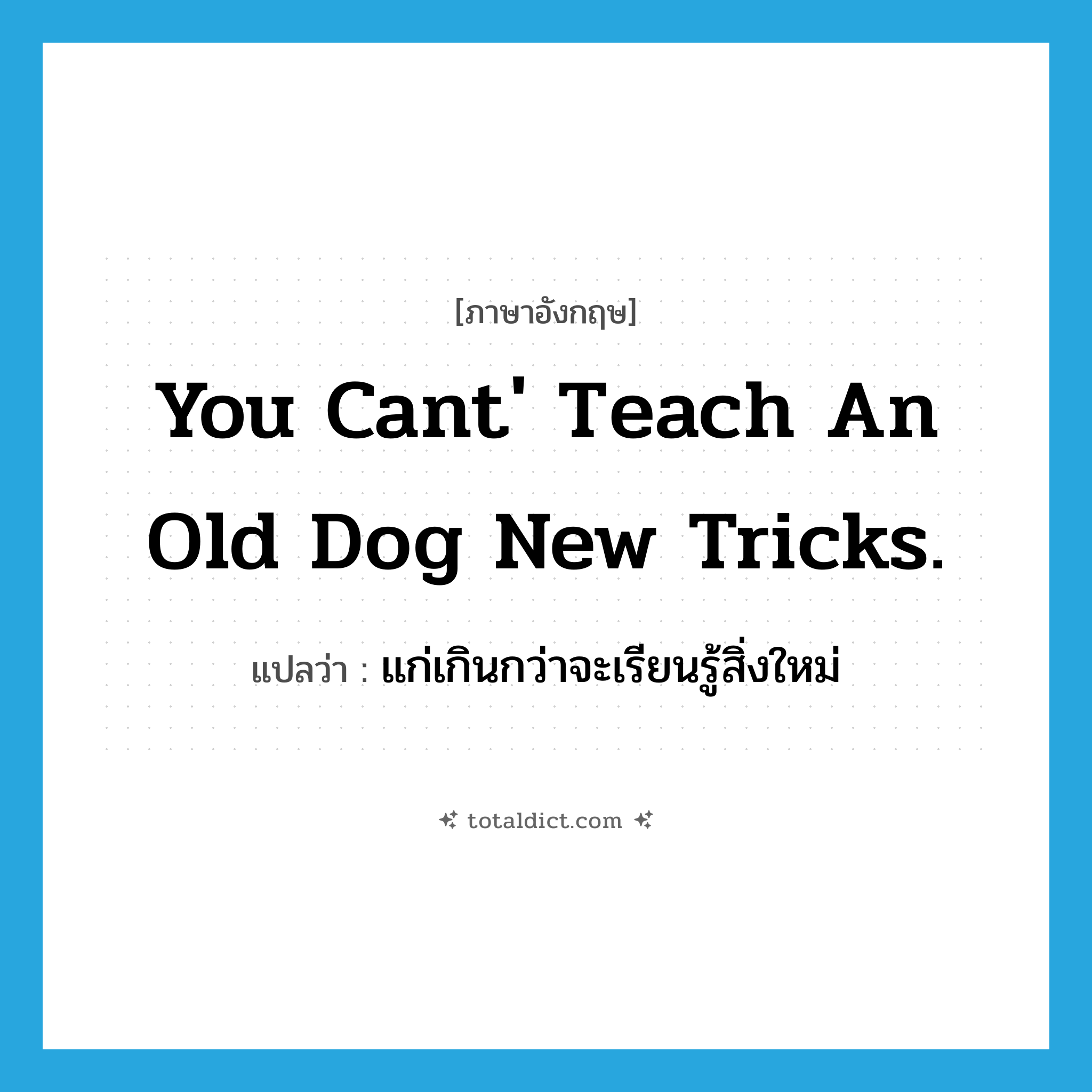 You cant&#39; teach an old dog new tricks. แปลว่า?, คำศัพท์ภาษาอังกฤษ You cant&#39; teach an old dog new tricks. แปลว่า แก่เกินกว่าจะเรียนรู้สิ่งใหม่ ประเภท IDM หมวด IDM